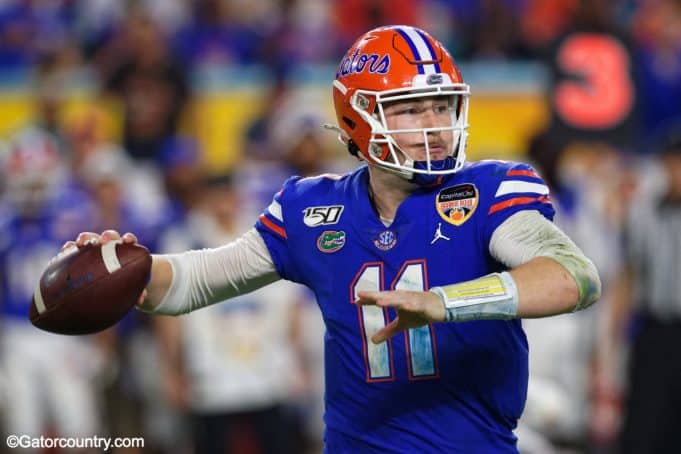 University of Florida quarterback Kyle Trask throws a pass in the Orange Bowl- Florida Gators football- 1280x853
