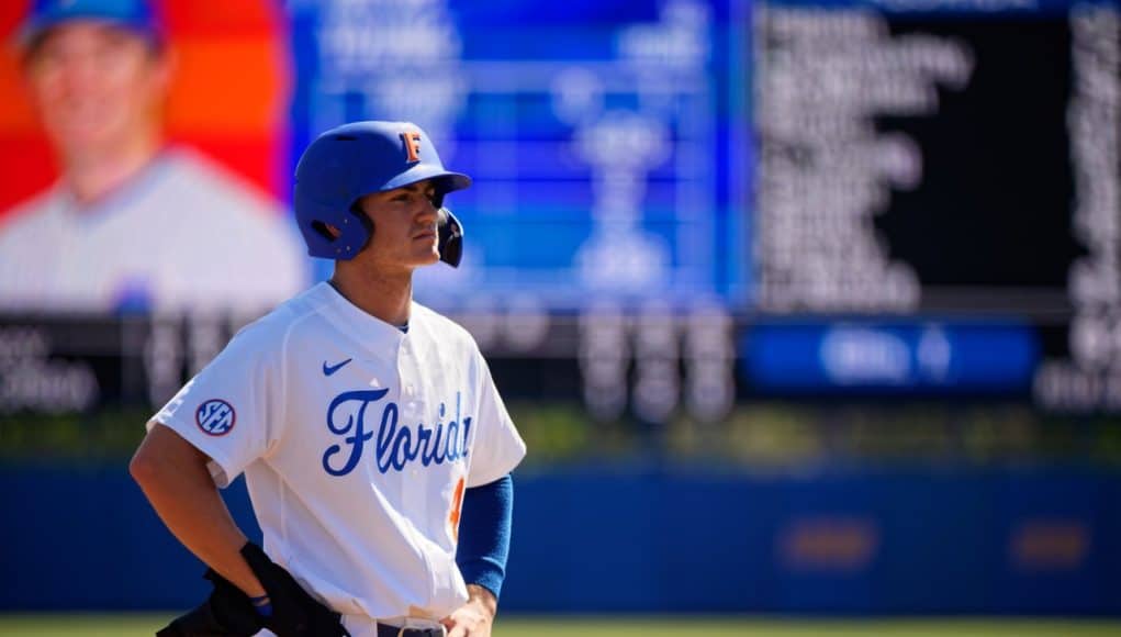 University of Florida sophomore Jud Fabian stands on third base after a triple against Troy- Florida Gators baseball- 1280x853