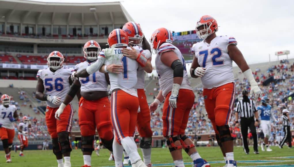 Kadarius Toney and Kyle Trask celebrate against Ole Miss-1243x800