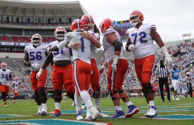 Kadarius Toney and Kyle Trask celebrate against Ole Miss-1243x800