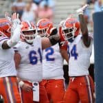 Kyle Pitts and Brett Heggie celebrate against Ole Miss 2020-1079x800