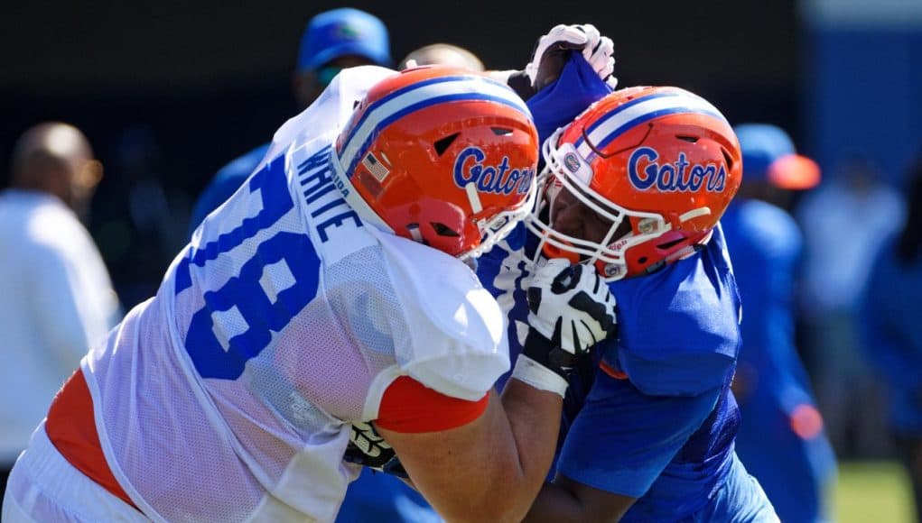 University of Florida offensive lineman Ethan White goes through a drill during his first fall camp- Florida Gators football- 1280x853