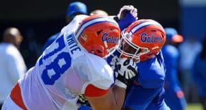 University of Florida offensive lineman Ethan White goes through a drill during his first fall camp- Florida Gators football- 1280x853