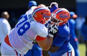 University of Florida offensive lineman Ethan White goes through a drill during his first fall camp- Florida Gators football- 1280x853