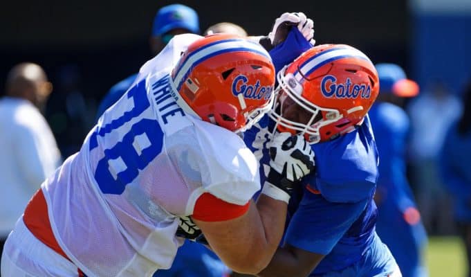 University of Florida offensive lineman Ethan White goes through a drill during his first fall camp- Florida Gators football- 1280x853