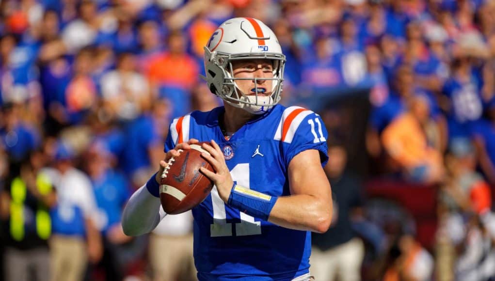 University of Florida quarterback Kyle Trask drops back to pass in a homecoming win over the Auburn Tigers- Florida Gators football- 1280x853