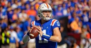 University of Florida quarterback Kyle Trask drops back to pass in a homecoming win over the Auburn Tigers- Florida Gators football- 1280x853