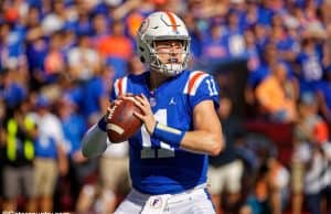 University of Florida quarterback Kyle Trask drops back to pass in a homecoming win over the Auburn Tigers- Florida Gators football- 1280x853