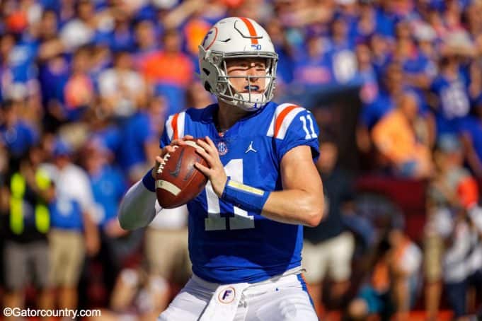 University of Florida quarterback Kyle Trask drops back to pass in a homecoming win over the Auburn Tigers- Florida Gators football- 1280x853