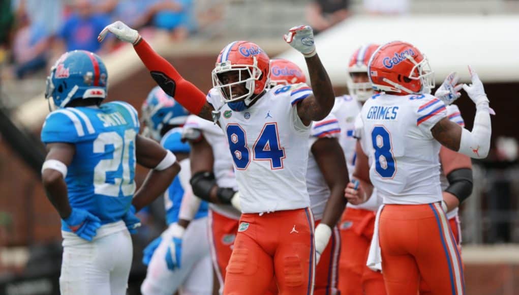 University of Florida tight end Kyle Pitts celebrates his fourth touchdown against the Ole Miss Rebels- Florida Gators football- 1280x853