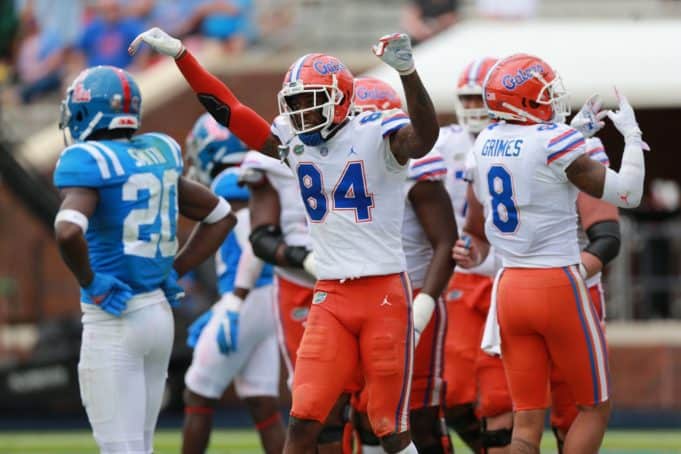 University of Florida tight end Kyle Pitts celebrates his fourth touchdown against the Ole Miss Rebels- Florida Gators football- 1280x853