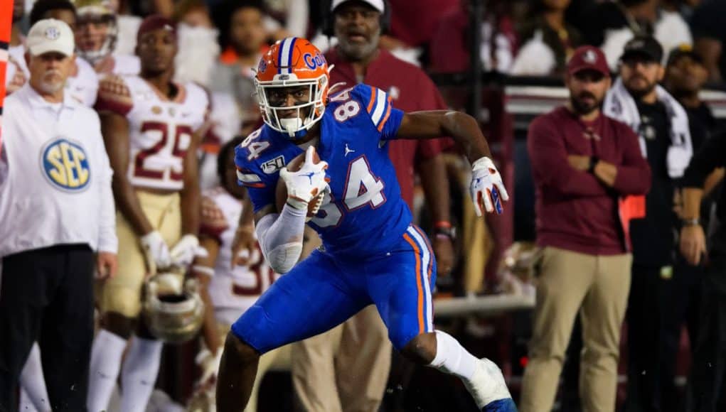 University of Florida tight end Kyle Pitts runs after the catch in the Florida Gators 2019 win over Florida State- Florida Gators football- 1280x853