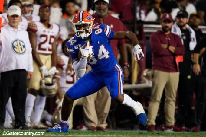University of Florida tight end Kyle Pitts runs after the catch in the Florida Gators 2019 win over Florida State- Florida Gators football- 1280x853