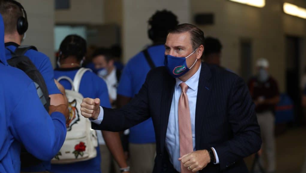 Dan Mullen greets the Gator as they enter Kyle Field- 1218x800