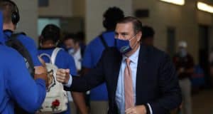 Dan Mullen greets the Gator as they enter Kyle Field- 1218x800
