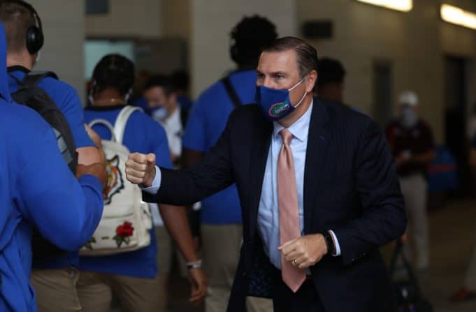 Dan Mullen greets the Gator as they enter Kyle Field- 1218x800