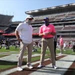 Dan Mullen talks with Jimbo Fisher before the A&M game- 942x700