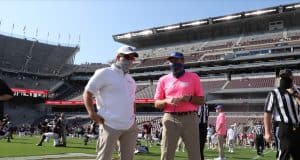 Dan Mullen talks with Jimbo Fisher before the A&M game- 942x700