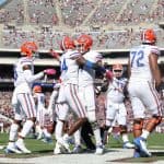 Quarterback Kyle Trask celebrates with Kyle Pitts-911x635