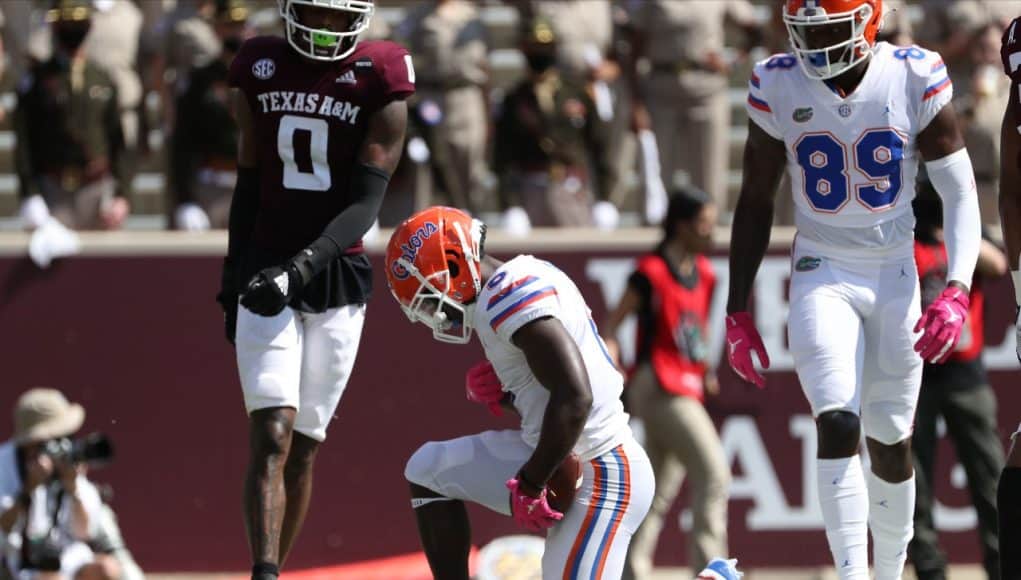 University of Florida running back Nay’Quan Wright celebrates with a prayer after scoring a touchdown against Texas A&M- Florida Gators Football- 1280x917