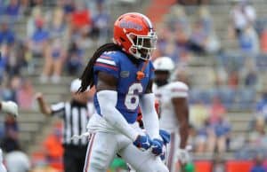 University of Florida safety Shawn Davis celebrates after making a tackles against South Carolina- Florida Gators Football- 1280x938