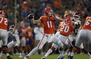 Quarterback Kyle Trask throws a pass against Arkansas-1142x800