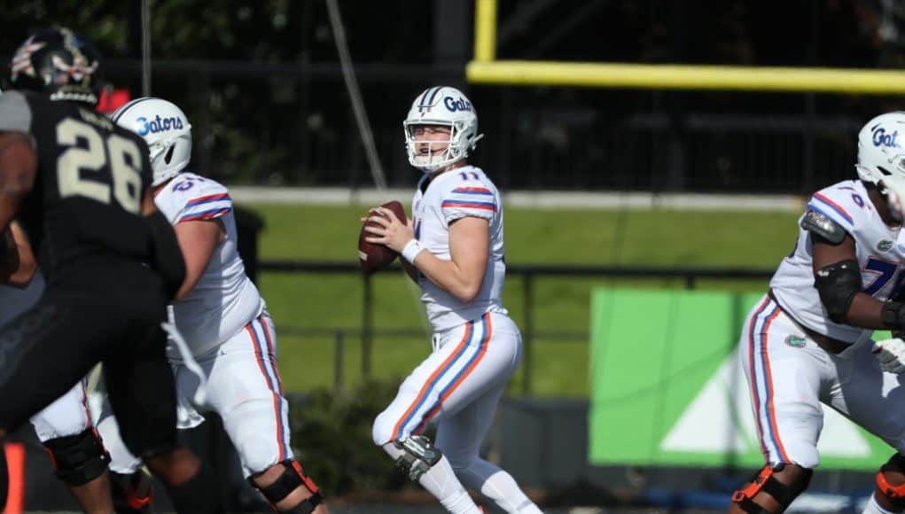 Quarterback Kyle Trask throws against Vanderbilt-1039x750