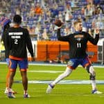 Quarterback Kyle Trask warms up before Arkansas-1021x800