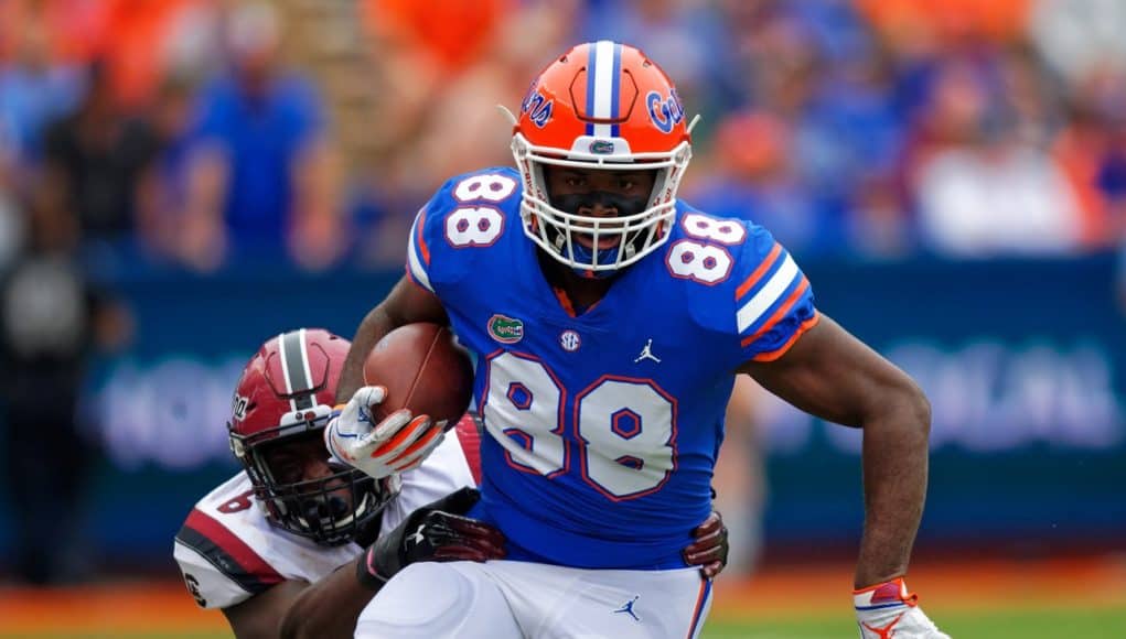 University of Florida tight end Kemore Gamble runs after a catch against South Carolina in 2018 - Florida Gators Football- 1280x853