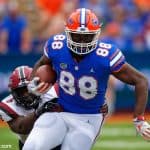 University of Florida tight end Kemore Gamble runs after a catch against South Carolina in 2018 - Florida Gators Football- 1280x853