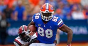 University of Florida tight end Kemore Gamble runs after a catch against South Carolina in 2018 - Florida Gators Football- 1280x853