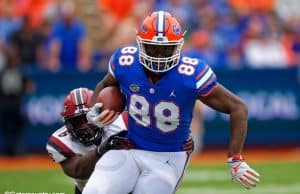 University of Florida tight end Kemore Gamble runs after a catch against South Carolina in 2018 - Florida Gators Football- 1280x853