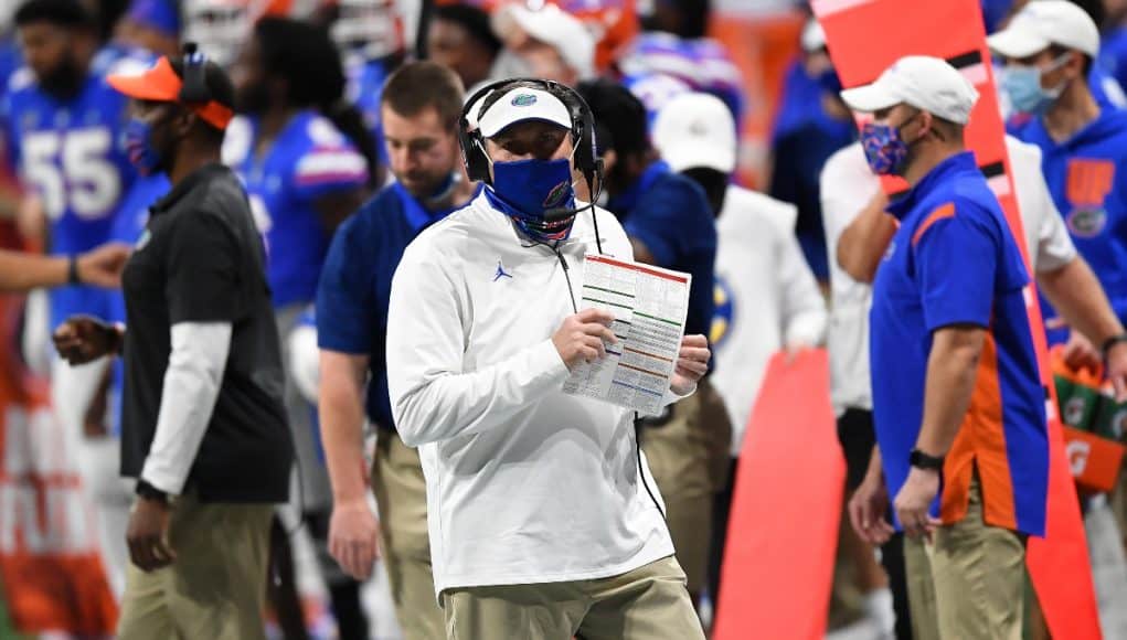 Florida Gators head coach Dan Mullen coaches during 2020-1200x800