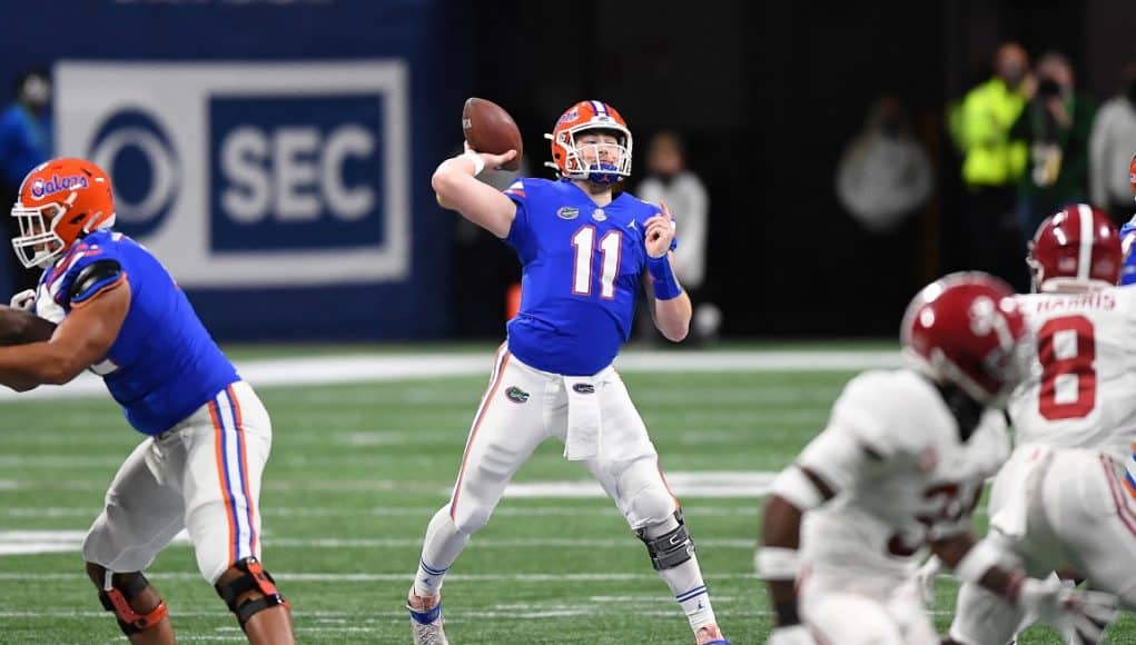 Quarterback Kyle Trask throws against Alabama in the SEC Championship- 1150x767