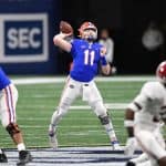 Quarterback Kyle Trask throws against Alabama in the SEC Championship- 1150x767