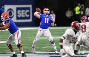 Quarterback Kyle Trask throws against Alabama in the SEC Championship- 1150x767