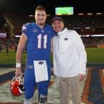 Quarterback Kyle Trask with head coach Dan Mullen during senior night-1200x897