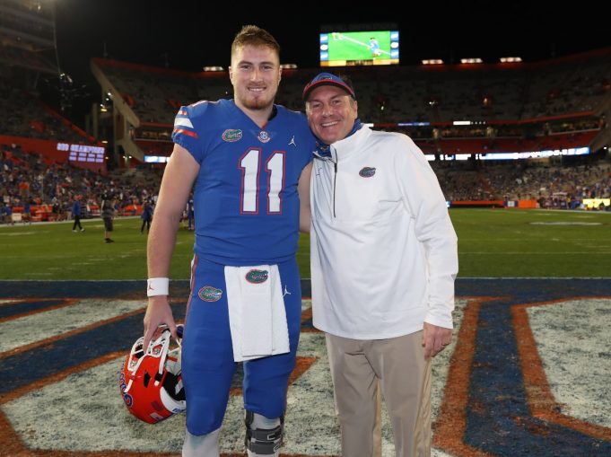 Quarterback Kyle Trask with head coach Dan Mullen during senior night-1200x897