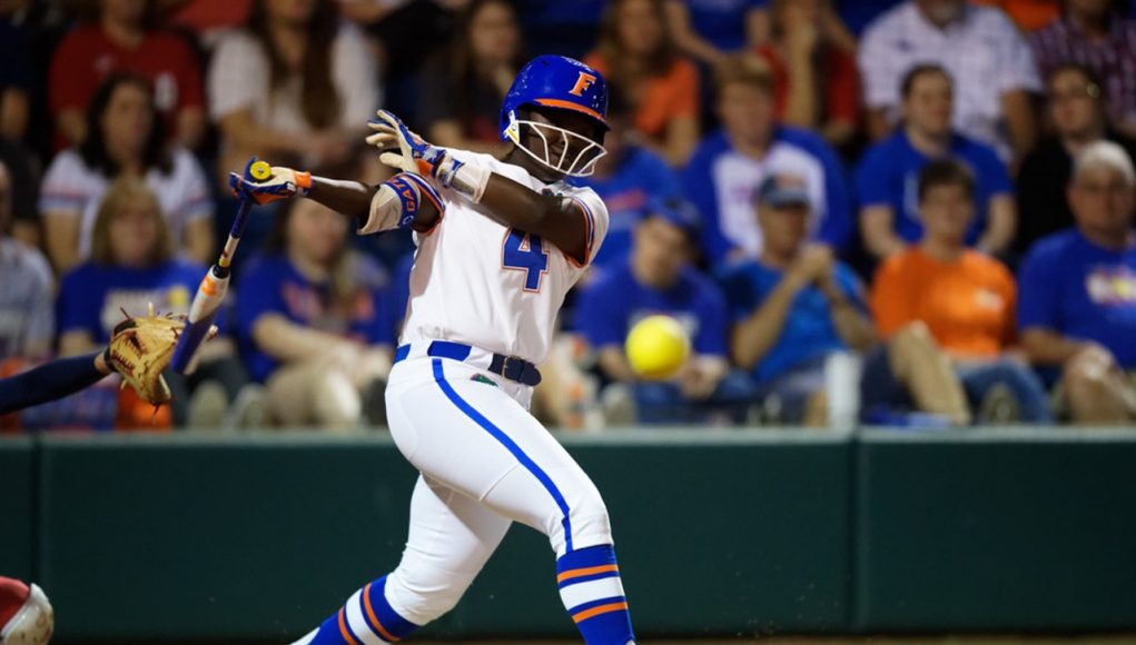 Florida Gators softball player Charla Echols fouls off a pitch -1280x854