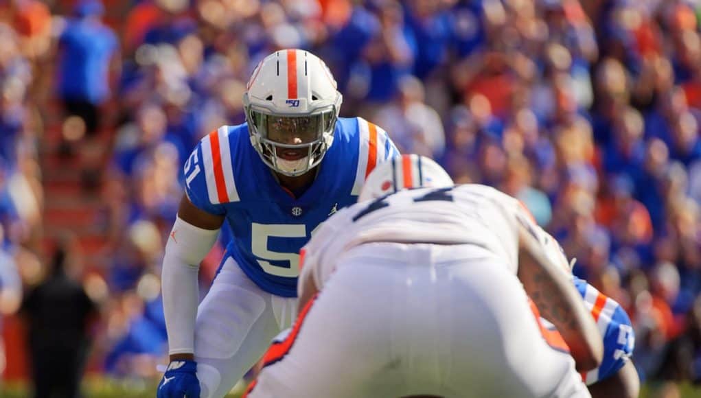 Florida Gators linebacker Ventrell Miller lines up against Auburn - 1280x853