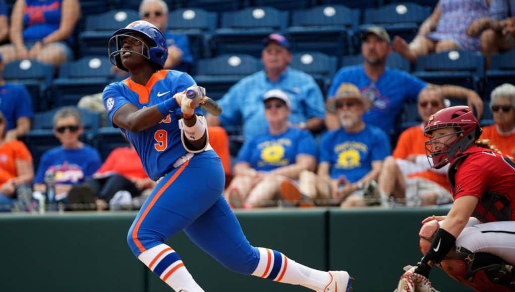 Florida Gators outfielder Jaimie Hoover hits a double against Illinois State - 1280x854