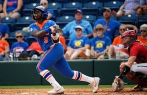 Florida Gators outfielder Jaimie Hoover hits a double against Illinois State - 1280x854