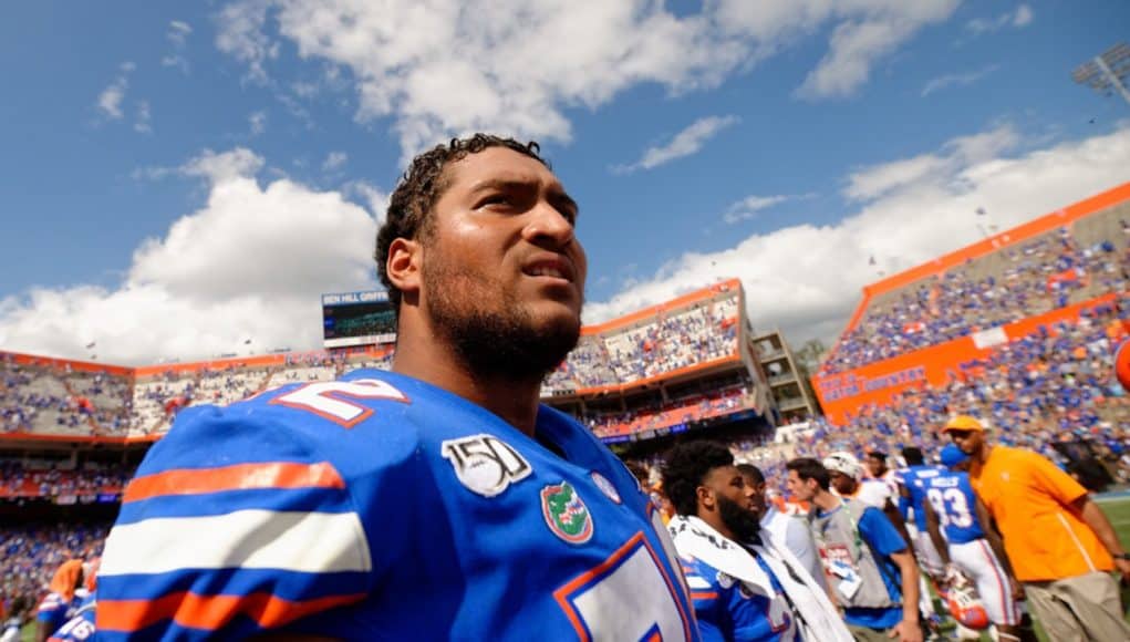 Florida Gators offensive lineman Stone Forsythe after the win over Tennessee in 2019 - 1280x854