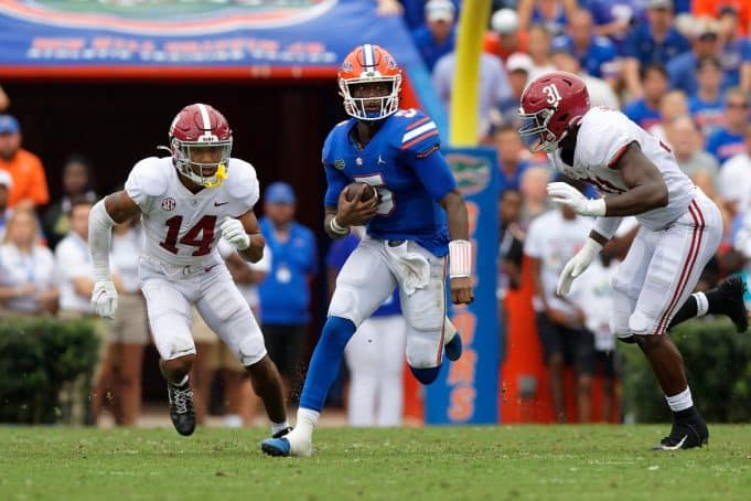 Florida Gators quarterback Emory Jones runs against Alabama in the Swamp-1280x854