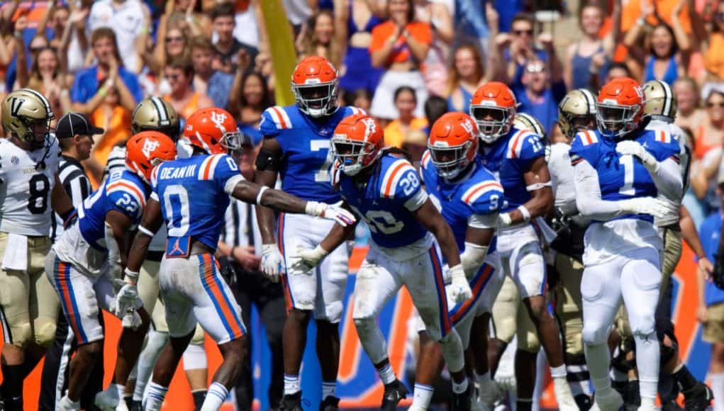 Florida Gators defense celebrates after a sack against Vanderbilt- 1280x853