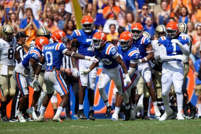 Florida Gators defense celebrates after a sack against Vanderbilt- 1280x853