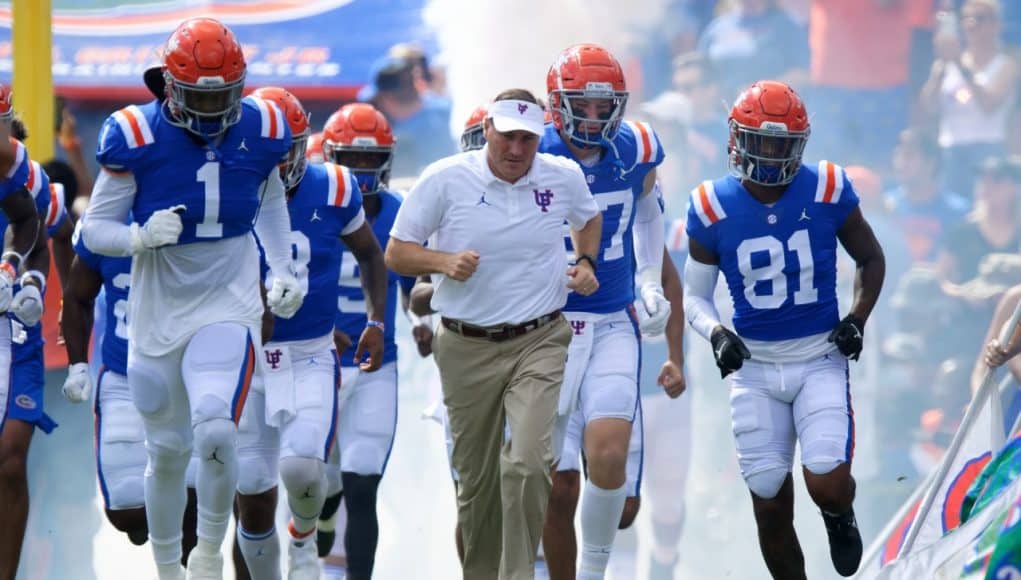 Florida Gators head coach Dan Mullen leads the Gators out of the tunnel before the Vanderbilt game- 1280x853