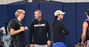 Quarterback Marcus Stokes talks with Billy Napier -960x917