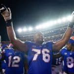 Florida Gators offensive lineman Richard Gouraige celebrates the win over Utah- 1280x853