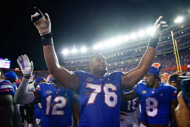 Florida Gators offensive lineman Richard Gouraige celebrates the win over Utah- 1280x853